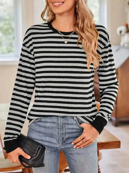 Striped Round Neck Long Sleeve T-Shirt - Bad Moms Club