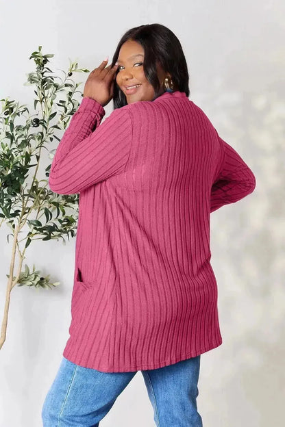 Basic Bae Full Size Ribbed Open Front Cardigan with Pockets - Bad Moms Club