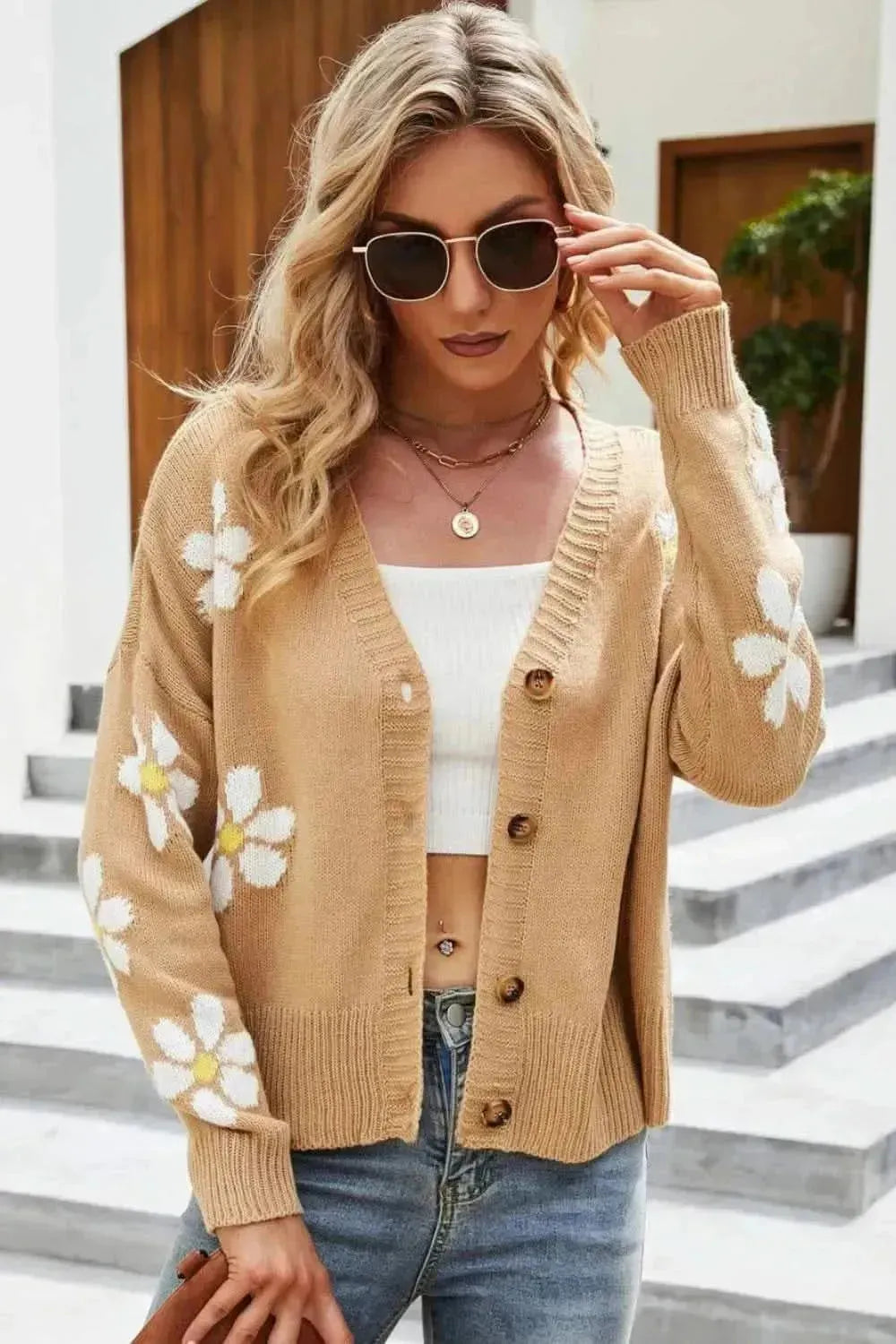 Floral Ribbed Trim Drop Shoulder Cardigan - Bad Moms Club