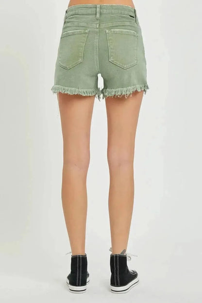 RISEN Mid Waist Frayed Hem Denim Shorts - Bad Moms Club
