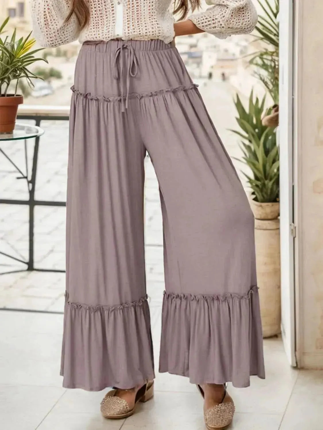 Wide Leg Ruffle Trim Pants - Bad Moms Club