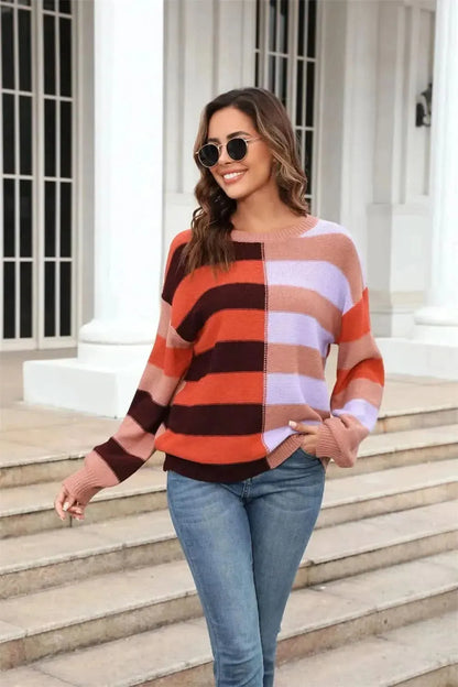 Angel Wings Round Neck Long Sleeve Color Block Dropped Shoulder Pullover Sweater - Bad Moms Club