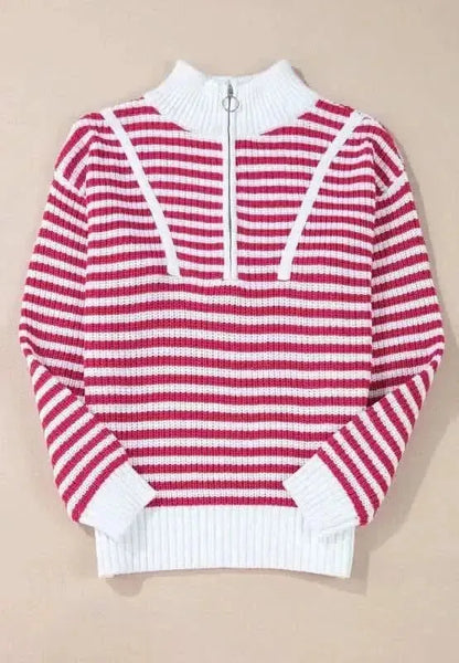 Striped Half Zip Mock Neck Long Sleeve Sweater - Bad Moms Club