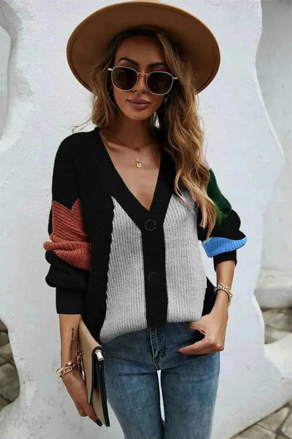 Contrast Button Front V-Neck Cardigan - Bad Moms Club