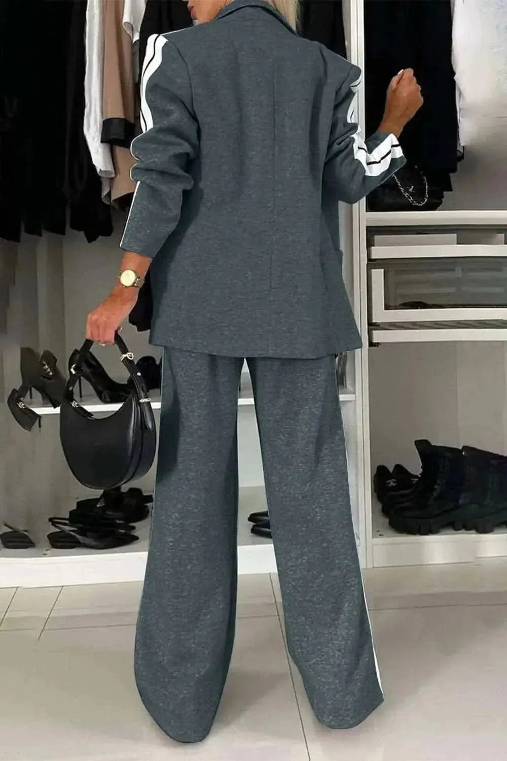 Full Size Contrast Lapel Collar Top and Pants Set - Bad Moms Club