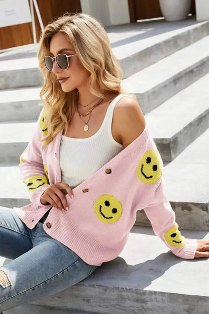 Smiley Face Ribbed Trim V-Neck Cardigan - Bad Moms Club