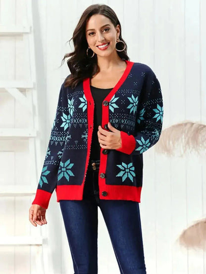 Snowflake Pattern Button Down Cardigan - Bad Moms Club