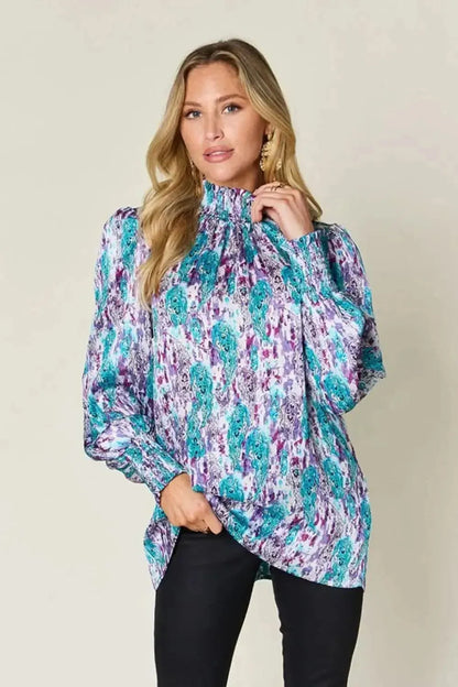 Double Take Full Size Printed Smocked Long Sleeve Blouse - Bad Moms Club