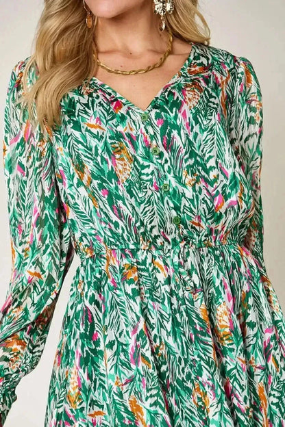 Double Take Full Size Printed Drawstring Waist Long Sleeve Dress - Bad Moms Club
