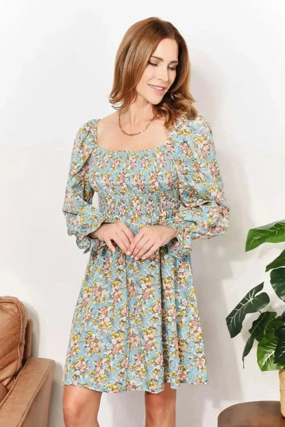 Honey Floral Smocked Flounce Sleeve Square Neck Dress - Bad Moms Club