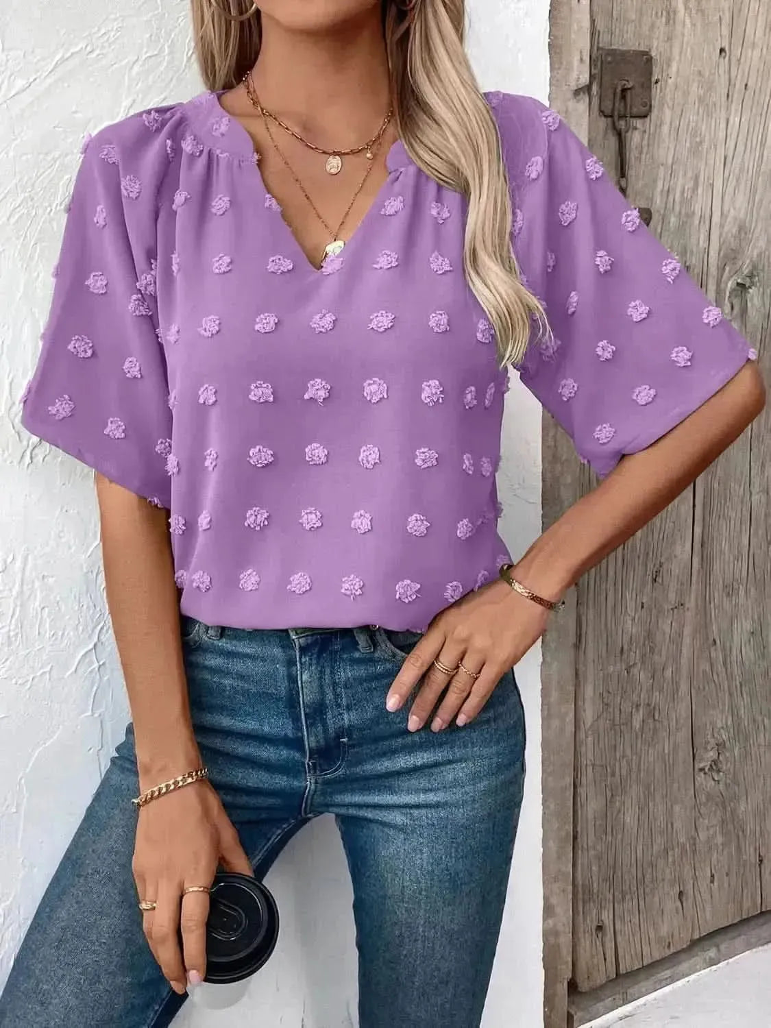 Ivy Lane Swiss Dot Notched Half Sleeve Blouse - Bad Moms Club