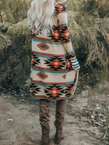 Geometric Open Front Long Sleeve Cardigan - Bad Moms Club