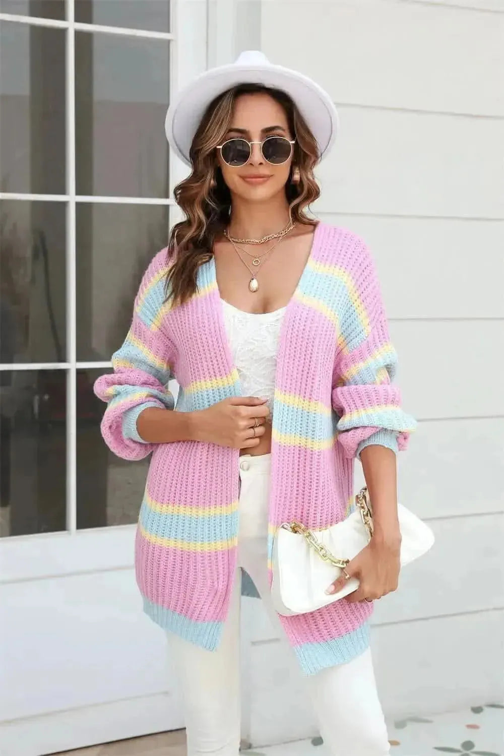 Color Block Ribbed Dropped Shoulder Open Front Cardigan - Bad Moms Club
