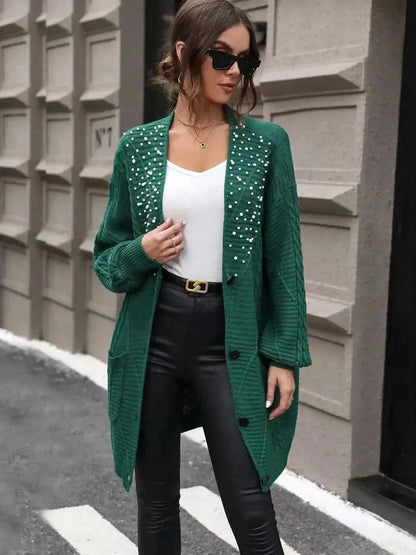 Pearl Detail Cable-Knit Button Up Cardigan - Bad Moms Club