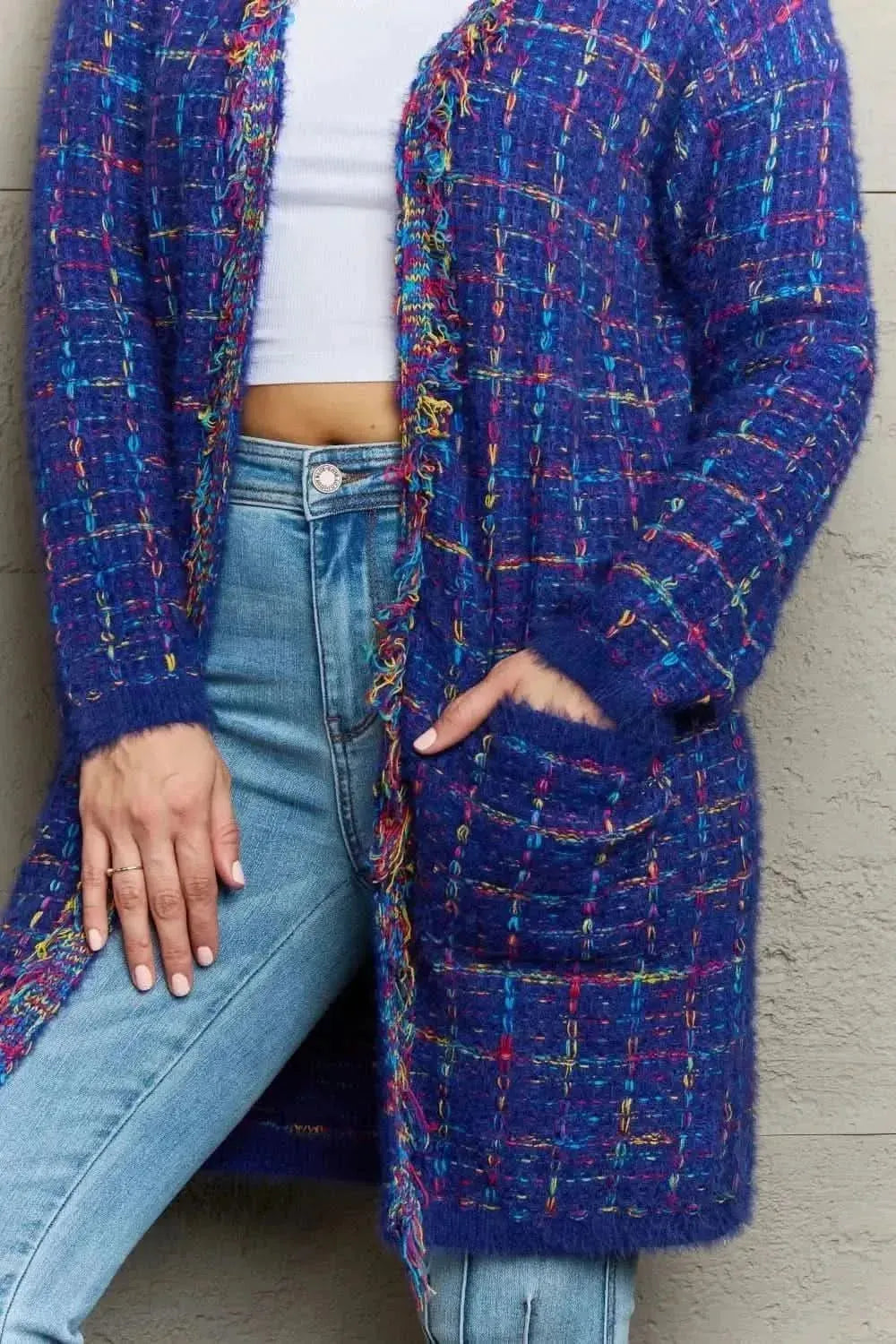Plaid Fringe Trim Open Front Longline Cardigan - Bad Moms Club