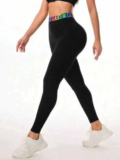 Letter Printed High Waist Active Leggings - Bad Moms Club