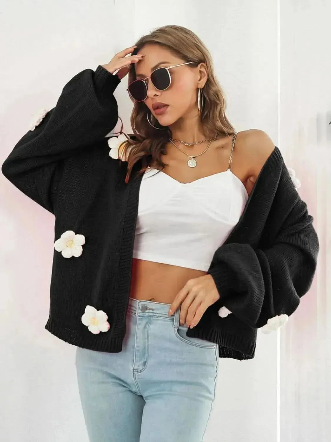 Floral Open Front Long Sleeve Cardigan - Bad Moms Club