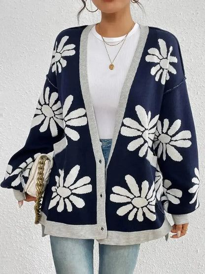 Contrast Dropped Shoulder Long Sleeve Cardigan - Bad Moms Club