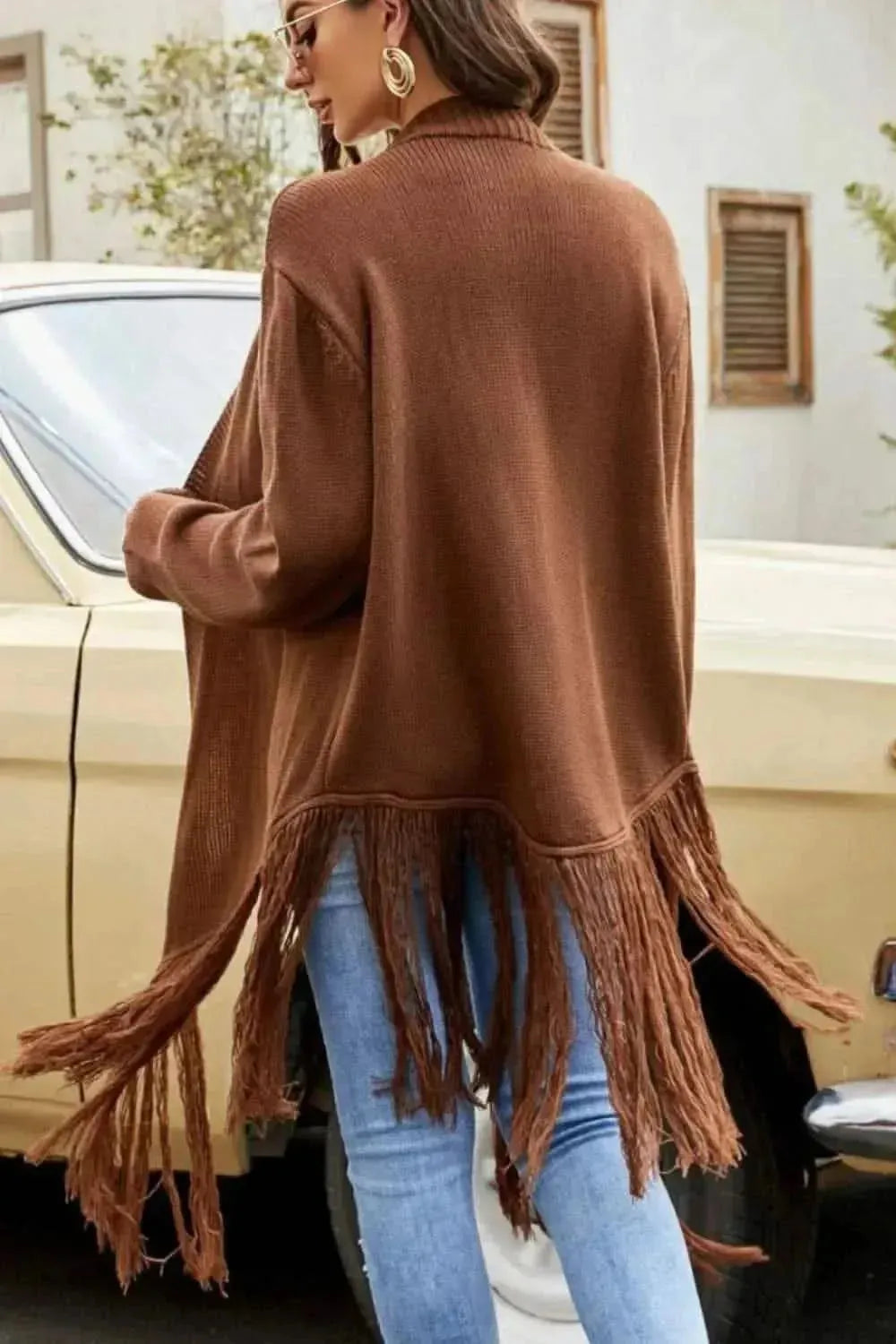 Fringe Hem Open Front Ribbed Trim Cardigan - Bad Moms Club