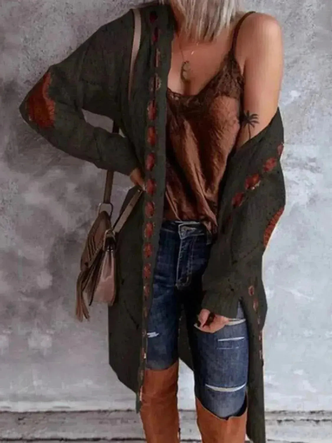 Openwork Long Sleeve Open Front Hooded Cardigan - Bad Moms Club