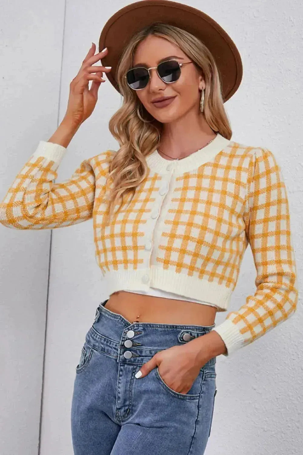 Plaid Buttoned Cropped Cardigan - Bad Moms Club