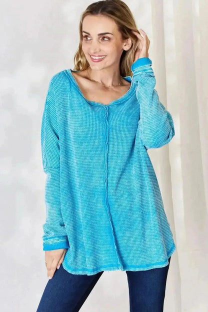 Zenana Oversized Waffle Long Sleeve Top - Bad Moms Club