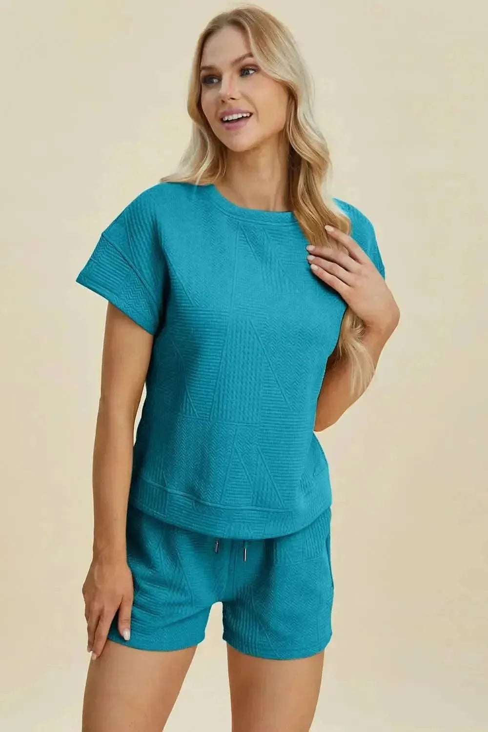 Double Take Full Size Texture Short Sleeve Top and Shorts Set - Bad Moms Club