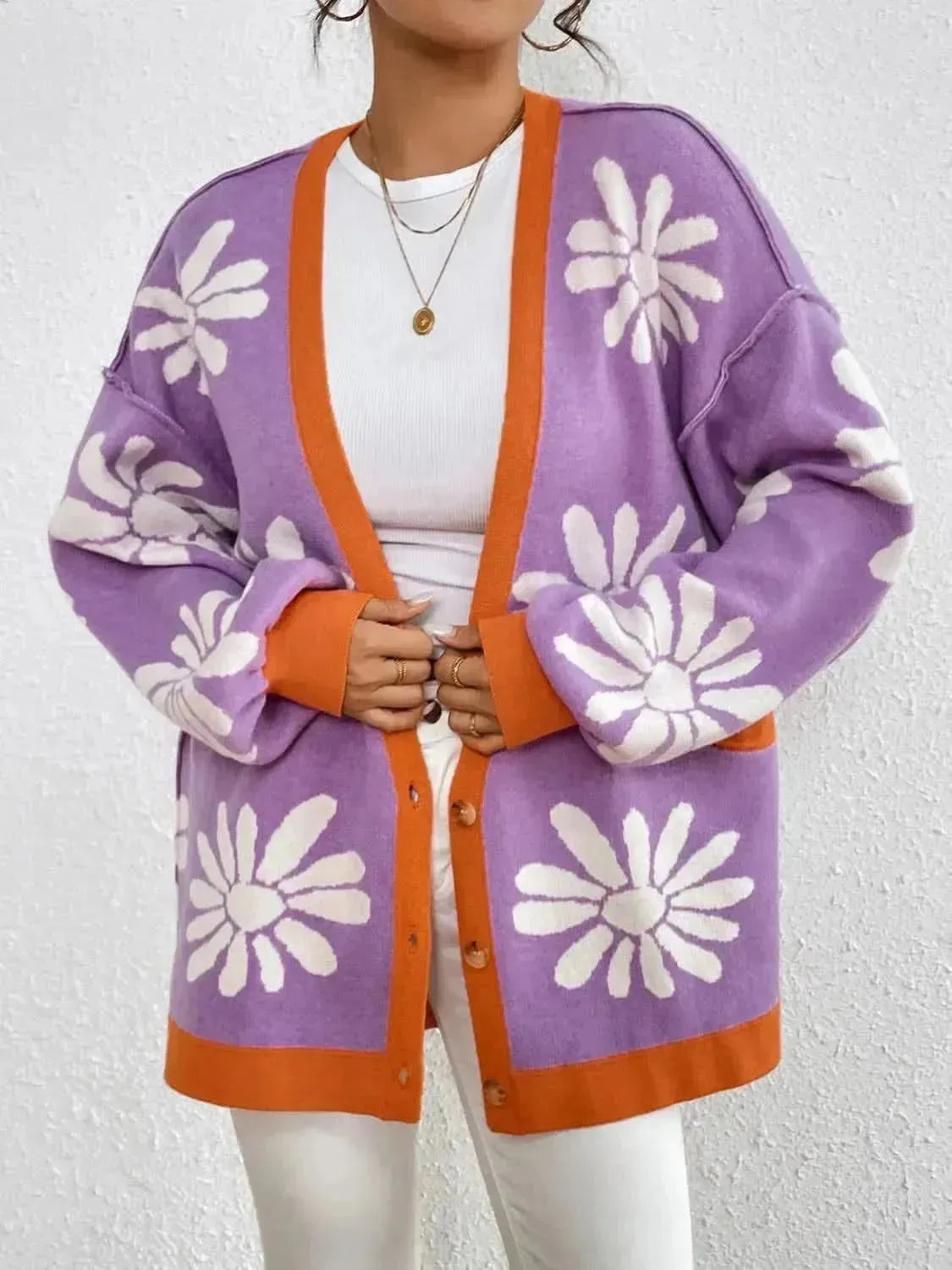 Contrast Dropped Shoulder Long Sleeve Cardigan - Bad Moms Club