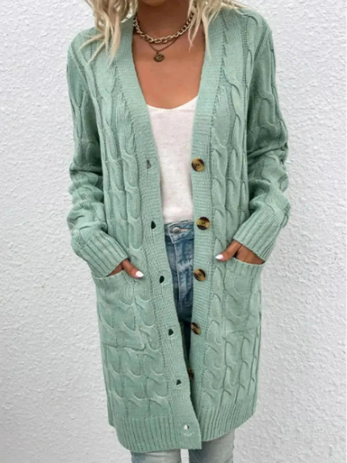 Cable-Knit Button Down Cardigan with Pockets - Bad Moms Club
