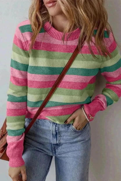 Striped Round Neck Long Sleeve Sweater - Bad Moms Club