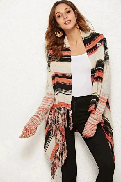 Striped Tassel Detail One-Button Cardigan - Bad Moms Club