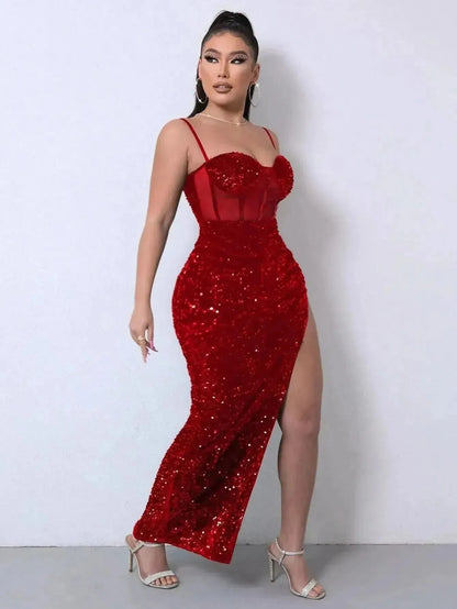 Sequin Spliced Mesh Adjustable Strap Dress - Bad Moms Club