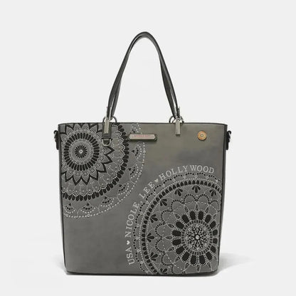 Nicole Lee USA Metallic Stitching Embroidery Inlaid Rhinestone Tote Bag - Bad Moms Club