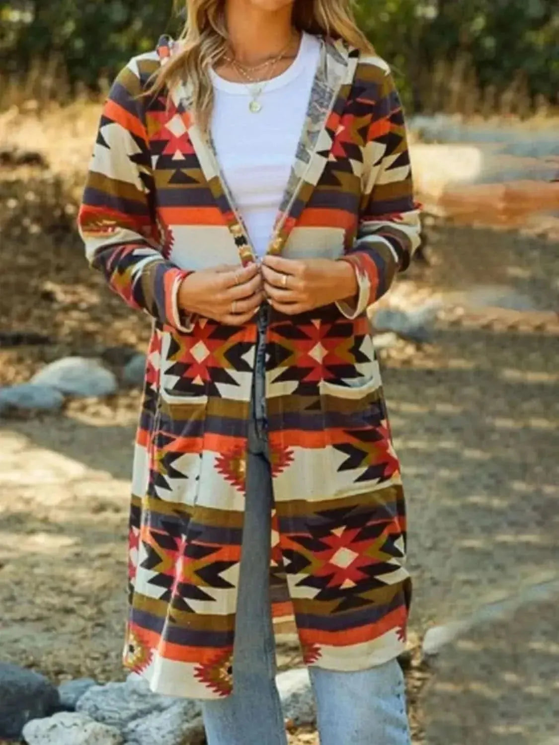 Geometric Hooded Cardigan with Pockets - Bad Moms Club