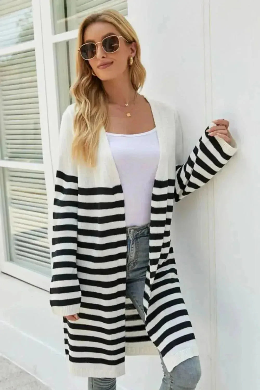 Striped Open Front Longline Cardigan - Bad Moms Club