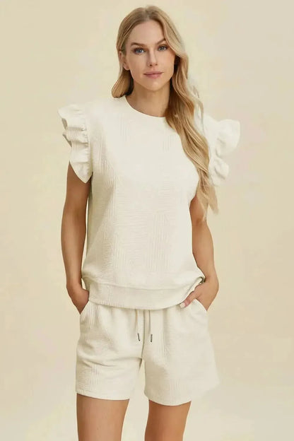 Double Take Full Size Texture Round Neck Ruffle Sleeve Top and Shorts Set - Bad Moms Club
