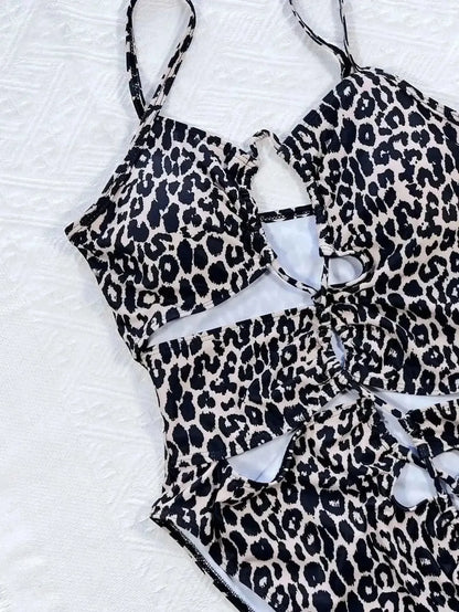 Leopard Cutout Tied One-Piece Swimsuit - Bad Moms Club