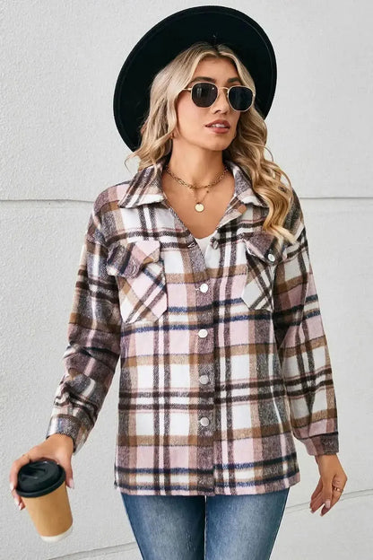 Button Down Collared Plaid Shacket - Bad Moms Club