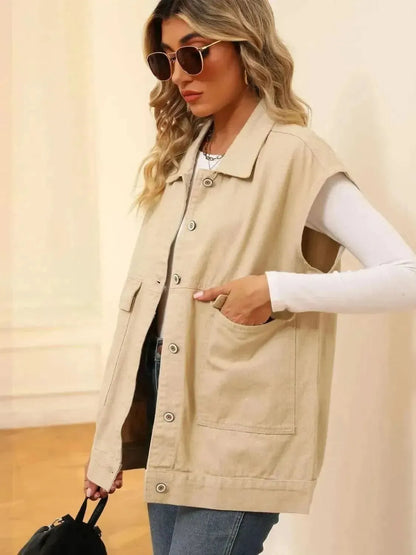 Pocketed Button Up Sleeveless Denim Jacket - Bad Moms Club