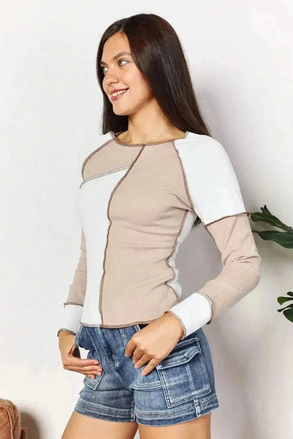 Double Take Color Block Exposed Seam Top - Bad Moms Club