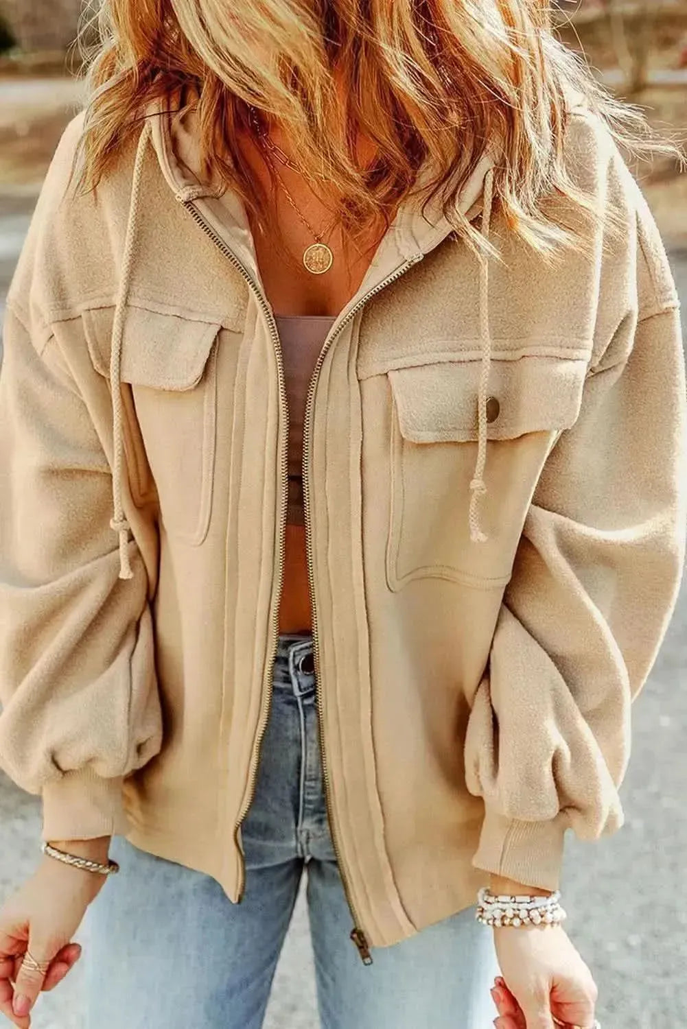 Zip-Up Drawstring Hooded Jacket - Bad Moms Club
