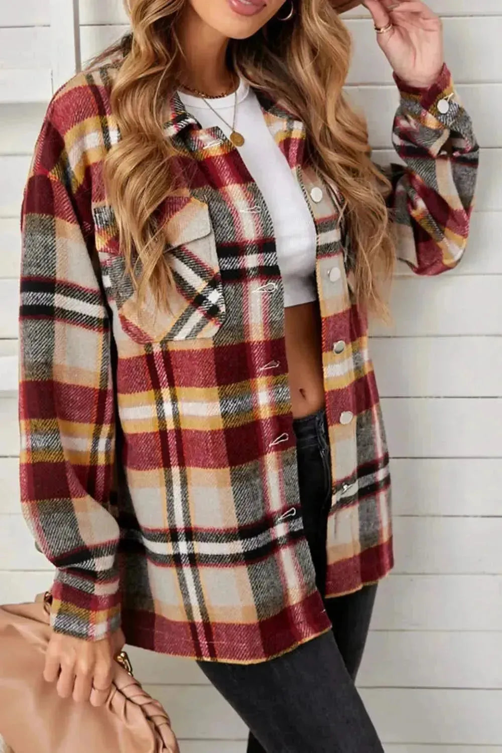 Plaid Pocketed Button Down Shacket - Bad Moms Club