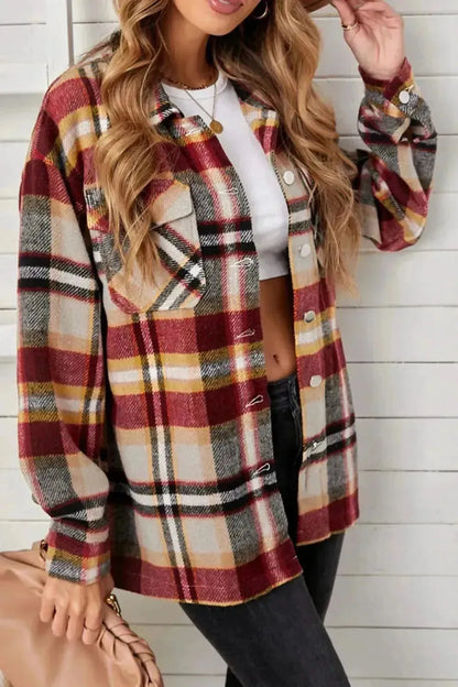 Plaid Pocketed Button Down Shacket - Bad Moms Club