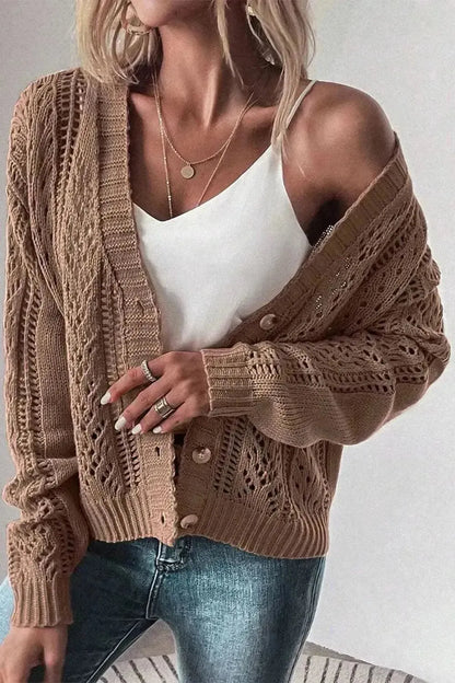 Openwork Button Up Long Sleeve Cardigan - Bad Moms Club