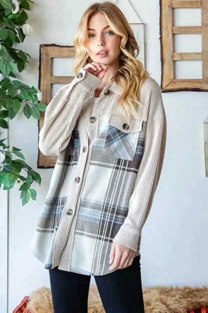 Reborn J Plaid Button Up Long Sleeve Shacket - Bad Moms Club