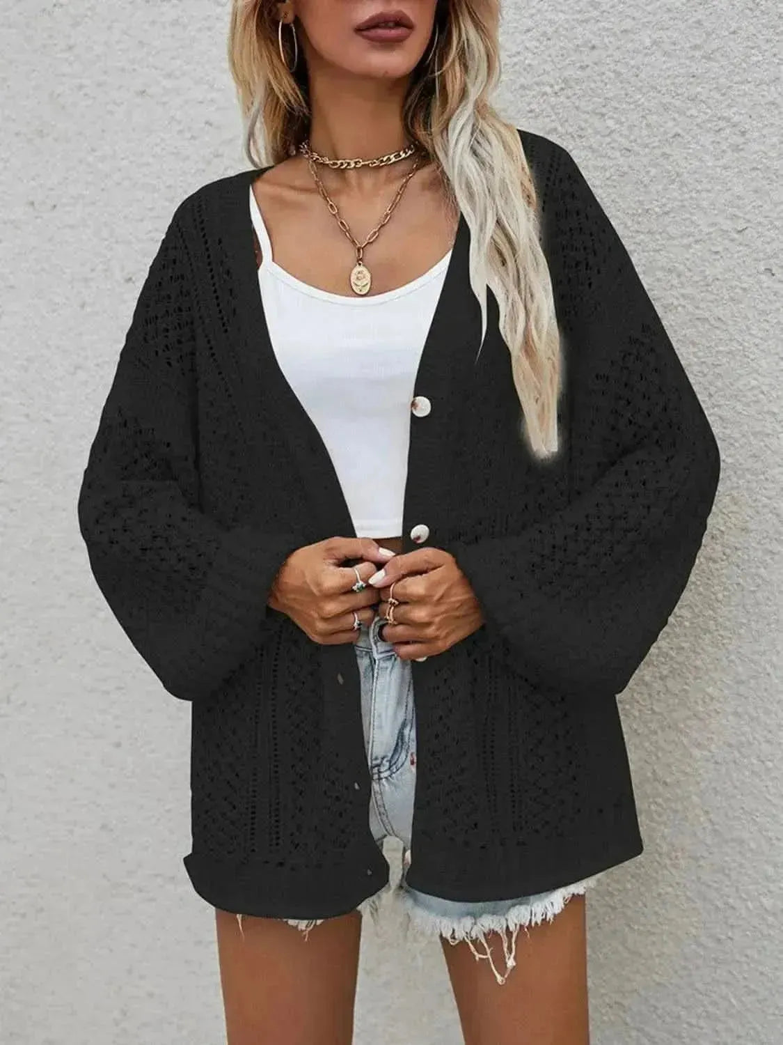 Openwork Button Front Cardigan - Bad Moms Club