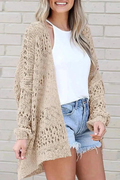 Openwork Open Front Long Sleeve Cardigan - Bad Moms Club