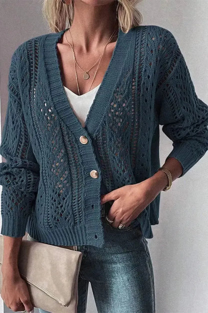 Openwork Button Up Long Sleeve Cardigan - Bad Moms Club