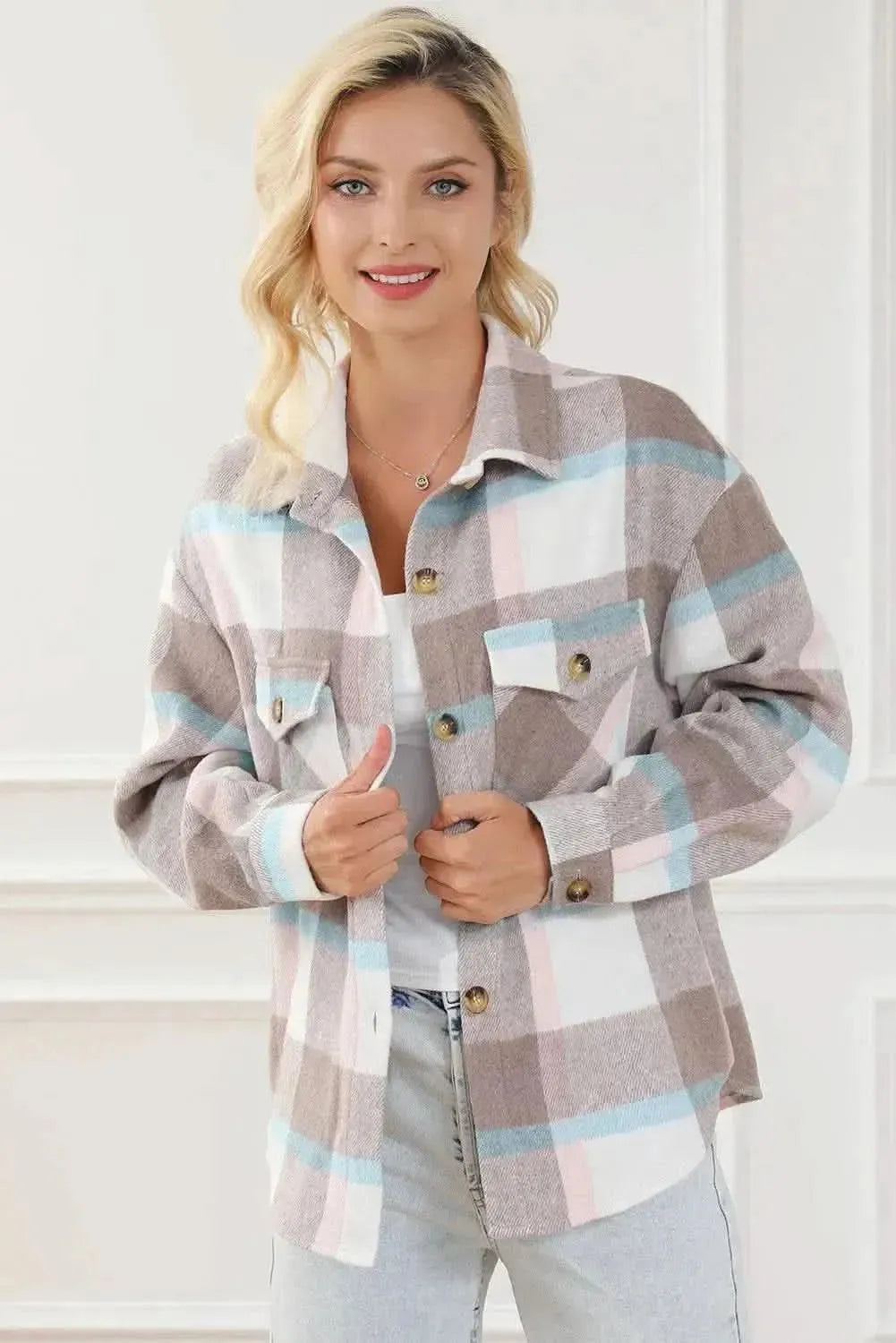 Pocketed Plaid Collared Neck Jacket - Bad Moms Club
