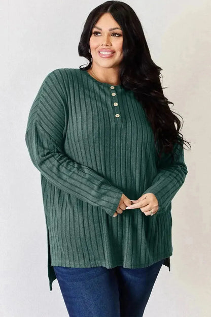 Basic Bae Full Size Ribbed Half Button Long Sleeve High-Low T-Shirt - Bad Moms Club